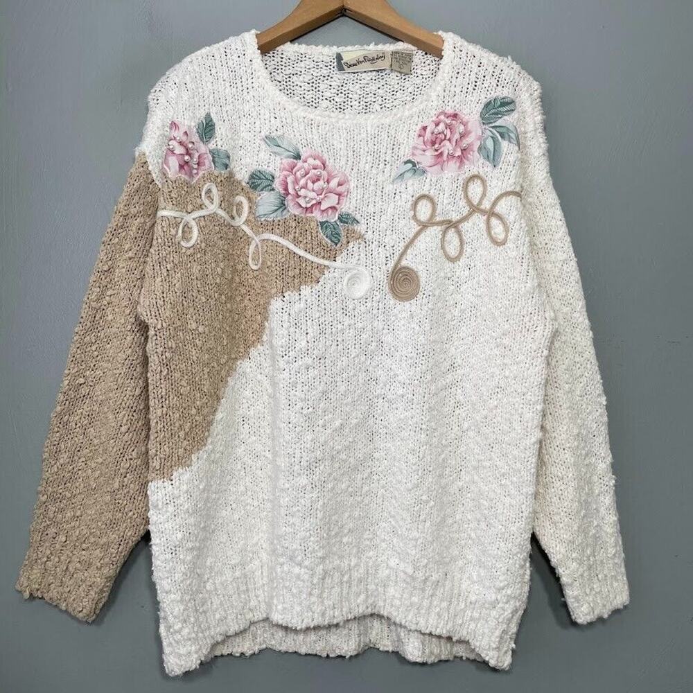 Diane Von Furstenberg Size Large White Pearlcore Sweater Soutache Cottagecore